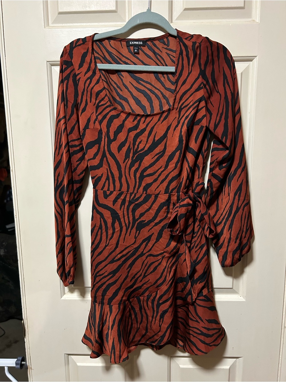 Express Rust and Black Zebra-Print Tie-Waist Long Sleeve Dress